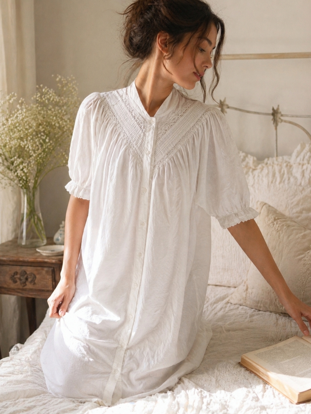 Vintage 1970's Appel Robes White Jacquard Nightgown Cottagecore Prairie Dress